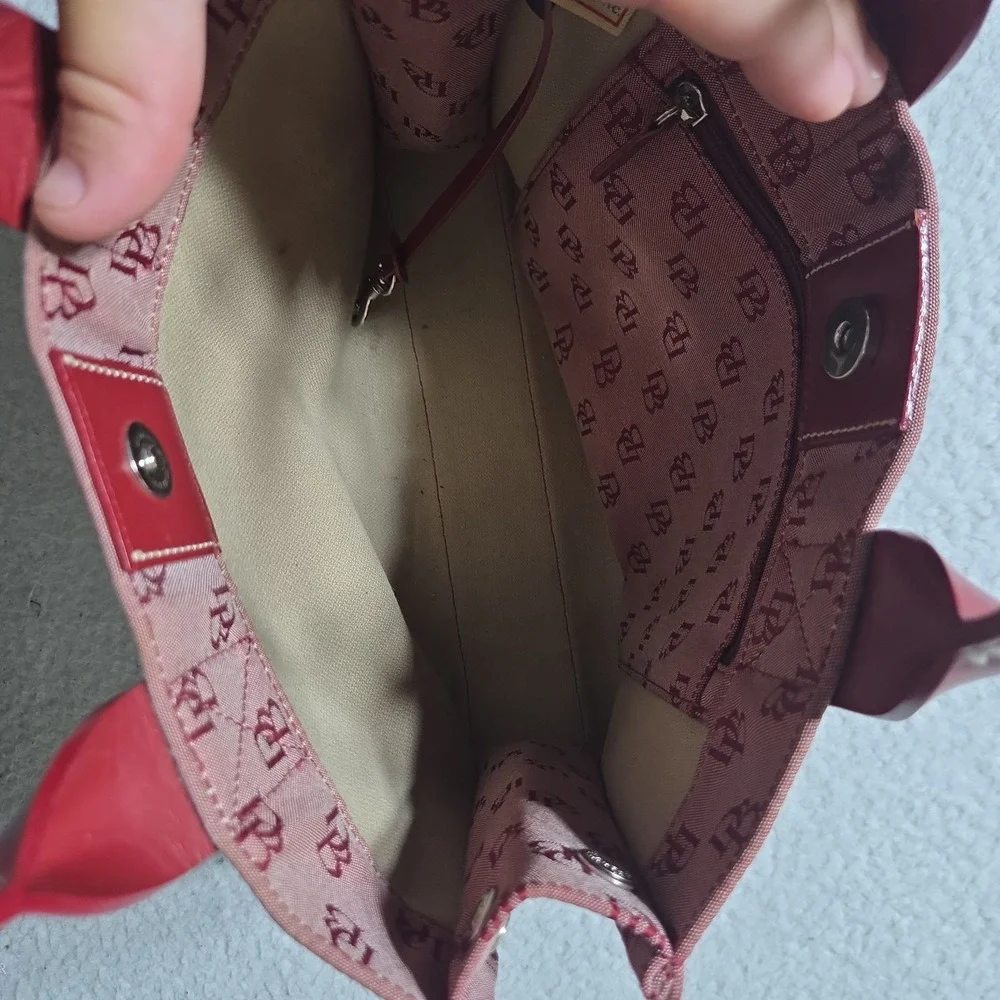 Dooney & Bourke Red Canvas Leather Trim Signature Tote Handbag Purse